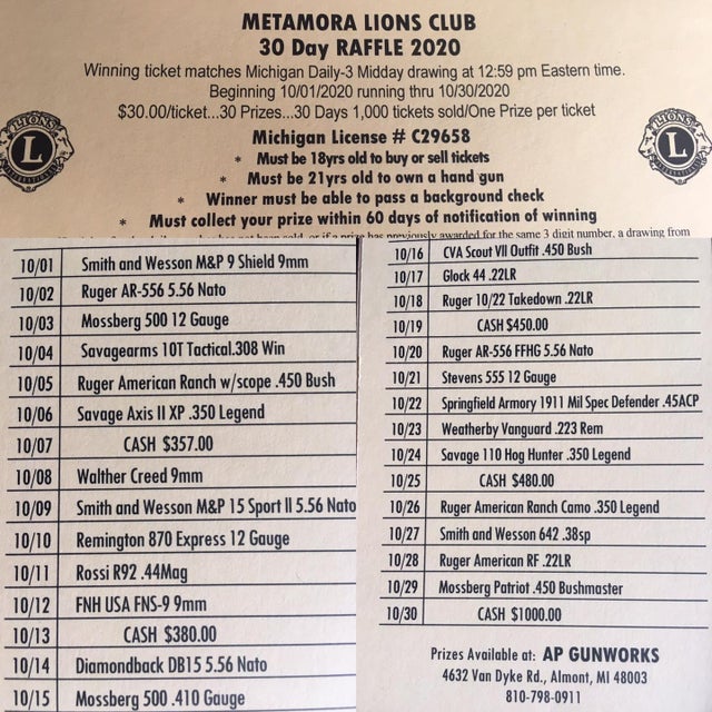 1 METAMORA LIONS 2020 RAFFLE TICKET- we will send to you in mail